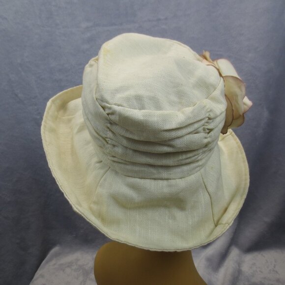 Vtg Cream Off-White Women\'s Summer Hat Linen Rouched Made in Hong Kong Flower M main image 7